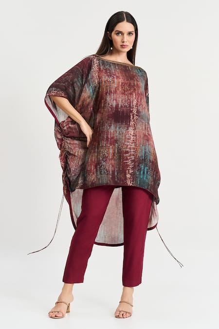 Koswi Maroon Viscose Print Ambrosia Boat Neck Kaftan Set 