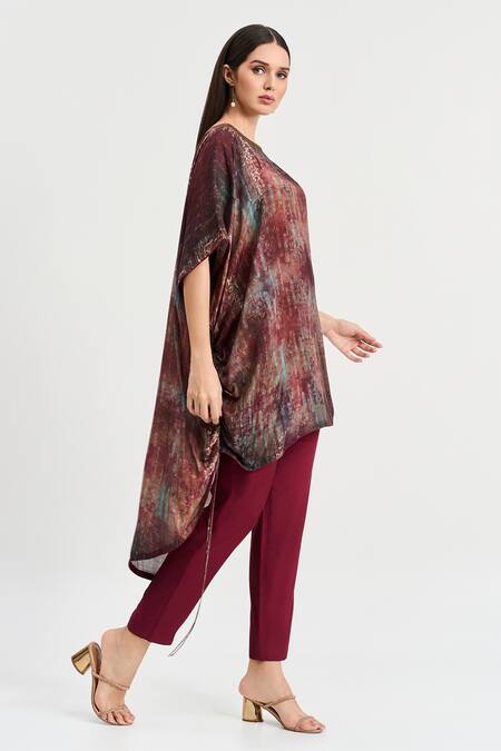 Koswi_Maroon Viscose Boat Neck Ambrosia Print Kaftan Set _Online_at_Aza_Fashions