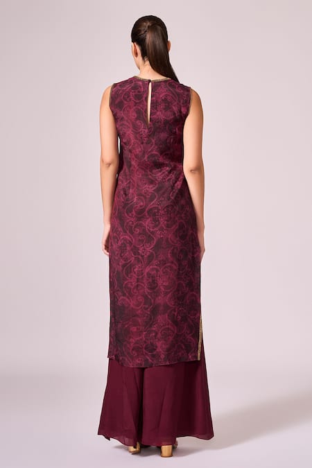 Shop Koswi Red Viscose Embroidery Round Neck Floral Swirl Print Kurta With Palazzo at Aza Fashions Shop_Koswi_Red Viscose Embroidery Round Neck Floral Swirl Print Kurta With Palazzo _at_Aza_Fashions