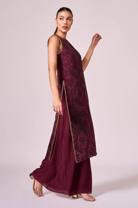 Koswi Red Viscose Embroidery Round Neck Floral Swirl Print Kurta With Palazzo Online at Aza Fashions Koswi_Red Viscose Embroidery Round Neck Floral Swirl Print Kurta With Palazzo _Online_at_Aza_Fashions