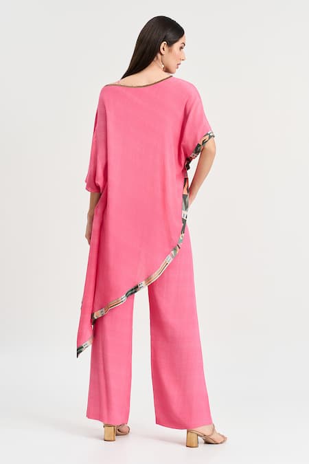 Koswi Printed Border Asymmetric Kaftan With Palazzo 