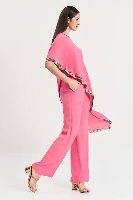 Koswi_Fuchsia Viscose Round Neck Printed Border Asymmetric Kaftan With Palazzo _Online_at_Aza_Fashions