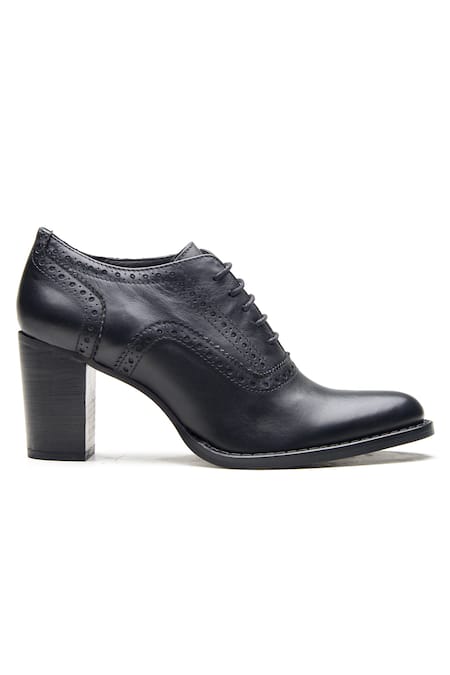 Dang Shoes_Black Embroidery Textured Leather Heeled Boots _Online_at_Aza_Fashions