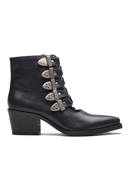 Dang Shoes_Black Embellished Buckled Leather Boots _Online_at_Aza_Fashions