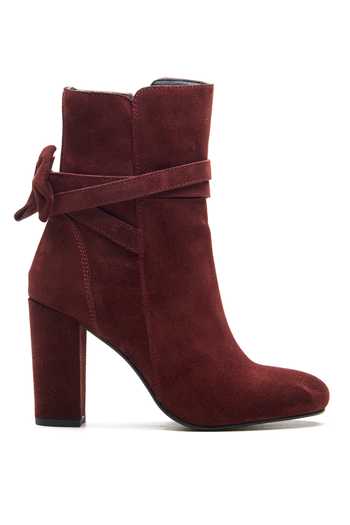 Dang Shoes_Burgundy Plain Suede Leather Bow Ankle Boots _Online_at_Aza_Fashions