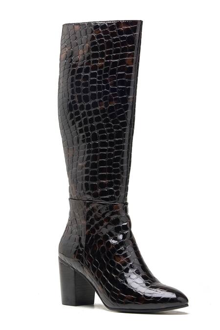 Dang Shoes_Black Textured Crocodile Leather Boots _Online_at_Aza_Fashions