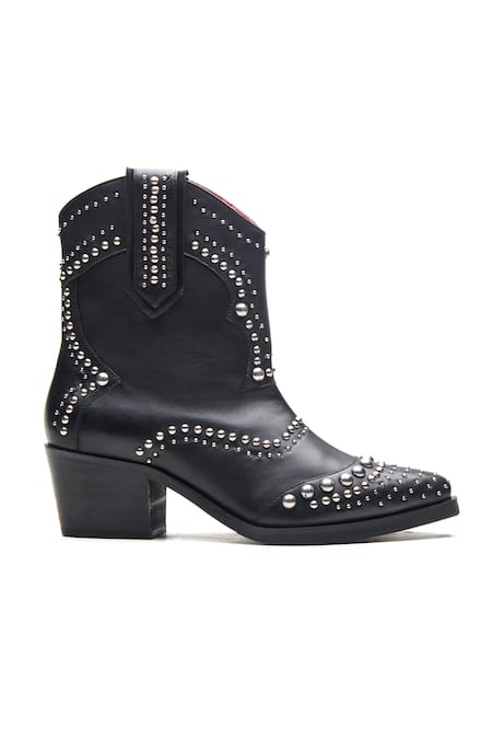 Dang Shoes_Black Embellished Stud Tapered Toe Boots _Online_at_Aza_Fashions