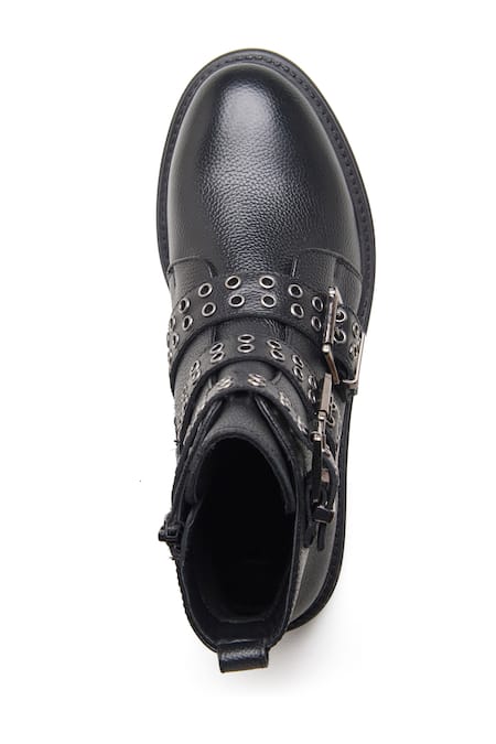 Shop_Dang Shoes_Black Metal Accents Genuine Leather Biker Boots _at_Aza_Fashions