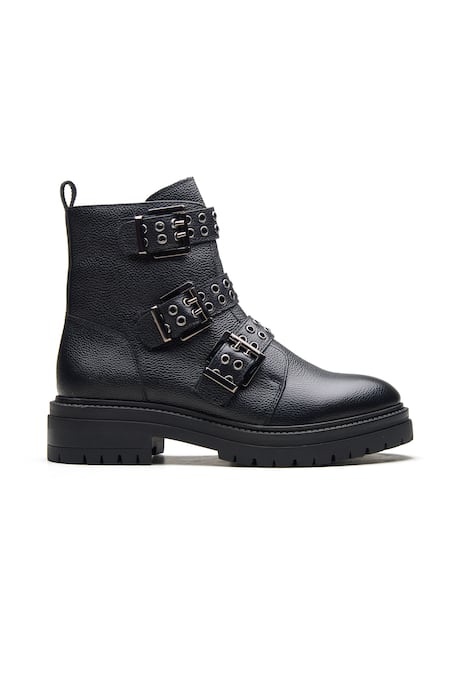 Dang Shoes_Black Metal Accents Genuine Leather Biker Boots _Online_at_Aza_Fashions