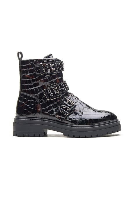 Dang Shoes_Black Metal Accents Patent Croco Leather Biker Boots _Online_at_Aza_Fashions