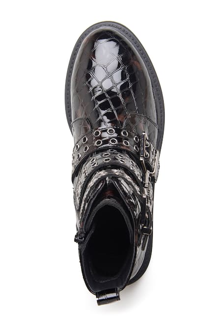 Buy_Dang Shoes_Black Metal Accents Patent Croco Leather Biker Boots _Online_at_Aza_Fashions