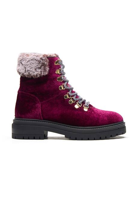 Dang Shoes_Maroon Metal Accents Lace Up Boots With_Online_at_Aza_Fashions