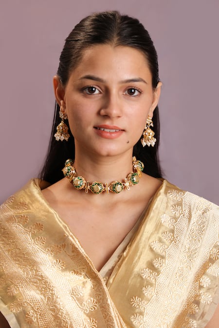 Riana Jewellery_White Embroidery, Stones Emerald And Moissanite Choker Set _Online_at_Aza_Fashions