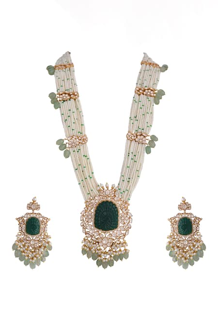 Riana Jewellery_Green Pearls, Zari, Stones Peacock Jadau Kundan Necklace Set _Online_at_Aza_Fashions