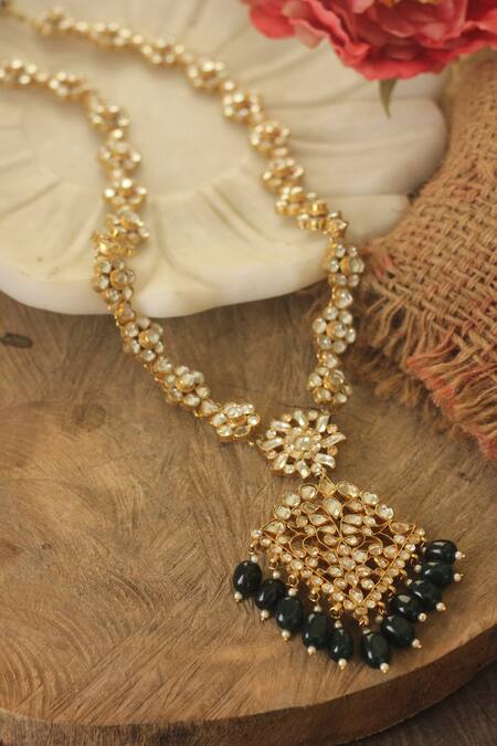 Buy_Riana Jewellery_Gold Plated Stones Kundan And Emerald Long Pendant Necklace Set _Online_at_Aza_Fashions