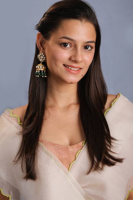 Shop_Riana Jewellery_Gold Plated Stones Kundan And Emerald Long Pendant Necklace Set _Online_at_Aza_Fashions