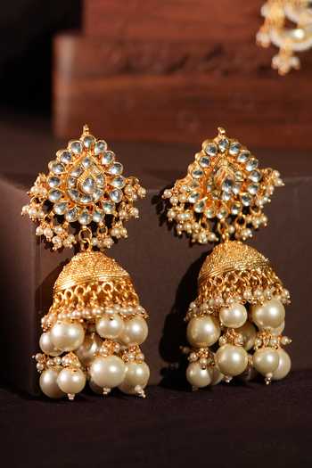 Riana Jewellery_White Pearls, Zari Kundan Long Pendant Necklace Set _Online_at_Aza_Fashions