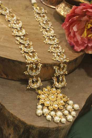 Shop_Riana Jewellery_White Pearls, Zari Kundan Long Pendant Necklace Set _Online_at_Aza_Fashions