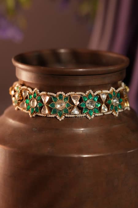 Shop_Riana Jewellery_Green Phoolan Kundan And Pearl Choker _at_Aza_Fashions