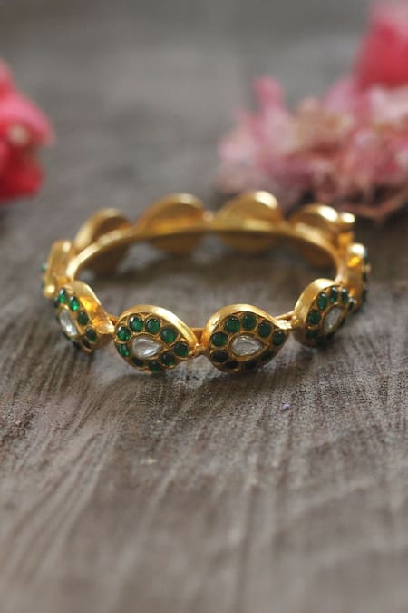 Riana Jewellery_Green Kundan Teardrop Embellished Bangle _Online_at_Aza_Fashions