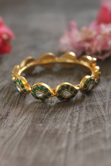 Riana Jewellery_Green Kundan Teardrop Embellished Bangle _at_Aza_Fashions