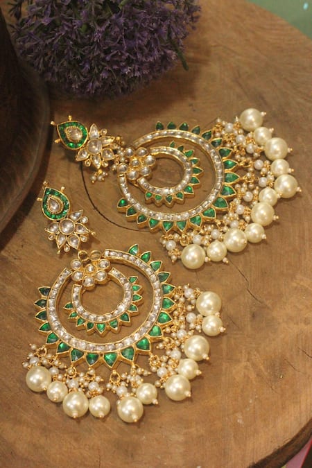 Shop_Riana Jewellery_Green Pearls, Gota Patti Kundan Embellished Chandbalis _at_Aza_Fashions