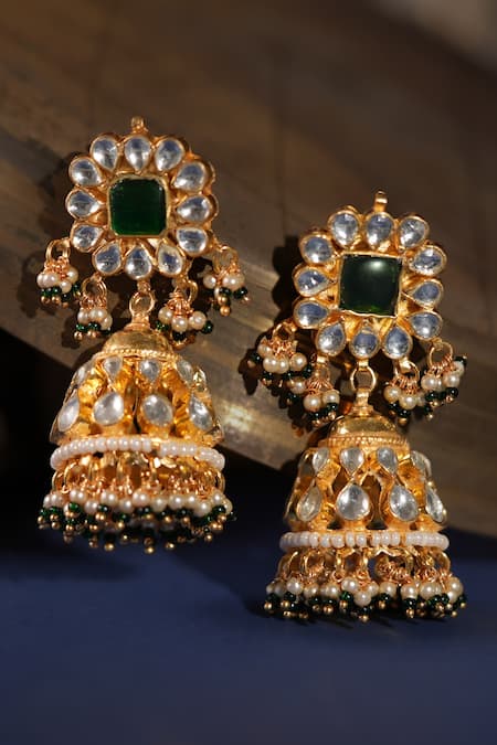 Shop Riana Jewellery Green Geometric Jadtar Stone Jhumkas at Aza Fashions Shop_Riana Jewellery_Green Geometric Jadtar Stone Jhumkas _at_Aza_Fashions