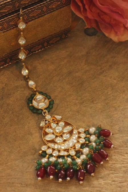 Shop Riana Jewellery Red Floral Drop Jadtar Stone Maangtikka at Aza Fashions Shop_Riana Jewellery_Red Floral Drop Jadtar Stone Maangtikka _at_Aza_Fashions