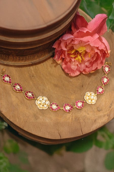 Shop Riana Jewellery Pink Beads Floral Stone Studded Hairband at Aza Fashions Shop_Riana Jewellery_Pink Beads Floral Stone Studded Hairband _at_Aza_Fashions