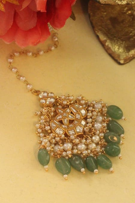 Shop Riana Jewellery Green Stones, Pearls Floral Crescent Maangtikka With Tassels at Aza Fashions Shop_Riana Jewellery_Green Stones, Pearls Floral Crescent Maangtikka With Tassels _at_Aza_Fashions