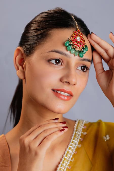 Riana Jewellery Pink Floral Crescent Maangtikka With Stones 