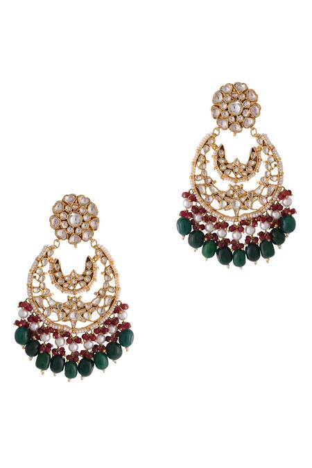 Riana Jewellery_Green Beads, Stones Carved Jadtar Chaandbali Earrings _Online_at_Aza_Fashions