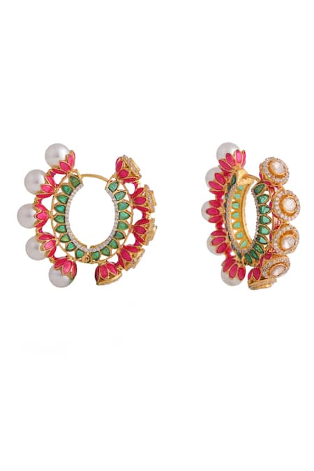 Shop Riana Jewellery Pink Stones, Pearls Baali Earrings With Jadtar at Aza Fashions Shop_Riana Jewellery_Pink Stones, Pearls Baali Earrings With Jadtar _at_Aza_Fashions