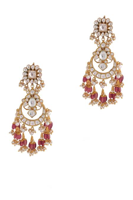 Riana Jewellery_Pink Pearls, Stones Floral Carved Long Dangler Earrings _Online_at_Aza_Fashions