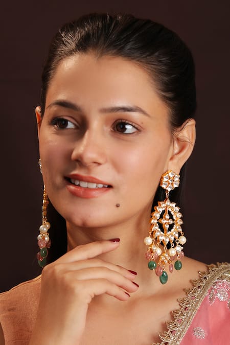 Riana Jewellery Floral Carved Jadtar Stone Earrings 