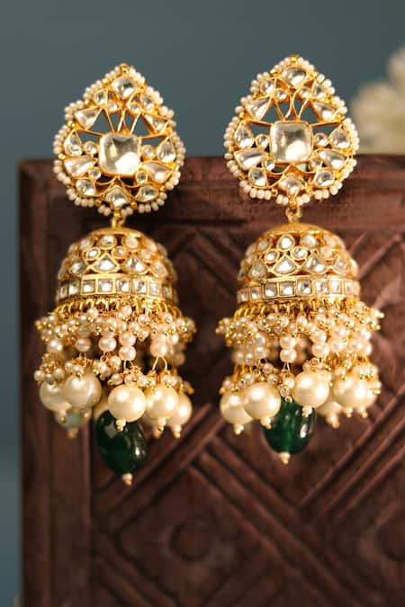 Shop_Riana Jewellery_Gold Plated Floral Carved Jadtar Stone Jhumkas _at_Aza_Fashions