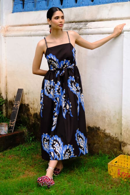 Shop_Jodi_Black Cotton Poplin Printed Abstract Square And Blue Midi Dress _at_Aza_Fashions