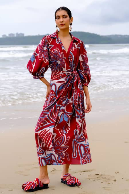 Jodi Myna Floral Abstract Print Wrap Dress 