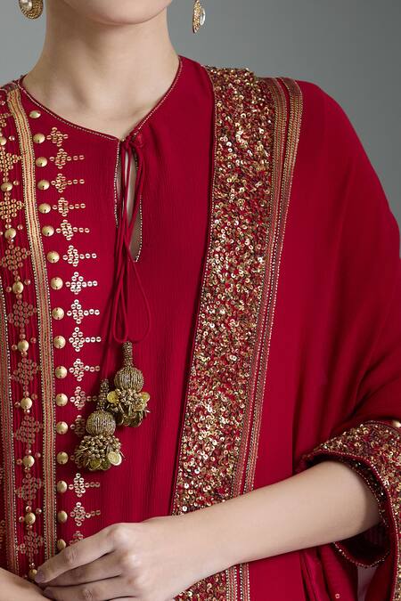 Nakul Sen_Red Chiffon Tassels, Sequins Geometric Embroidered Kurta Gharara Set _Online_at_Aza_Fashions