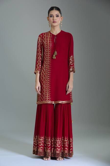 Buy_Nakul Sen_Red Chiffon Tassels, Sequins Geometric Embroidered Kurta Gharara Set _Online_at_Aza_Fashions