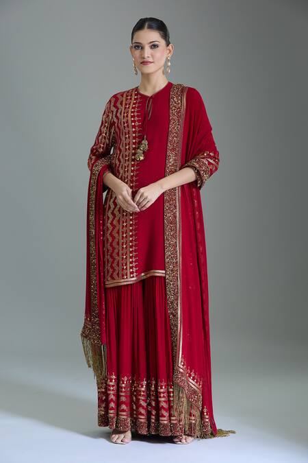Nakul Sen_Red Chiffon Tassels, Sequins Geometric Embroidered Kurta Gharara Set _at_Aza_Fashions