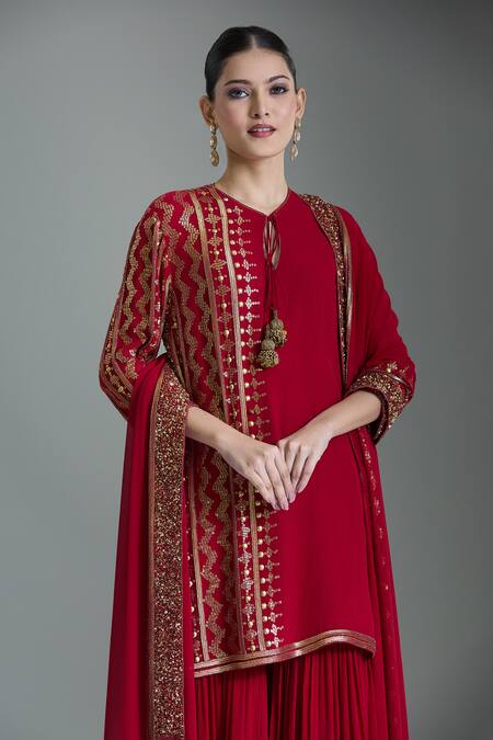 Buy_Nakul Sen_Red Chiffon Tassels, Sequins Geometric Embroidered Kurta Gharara Set 