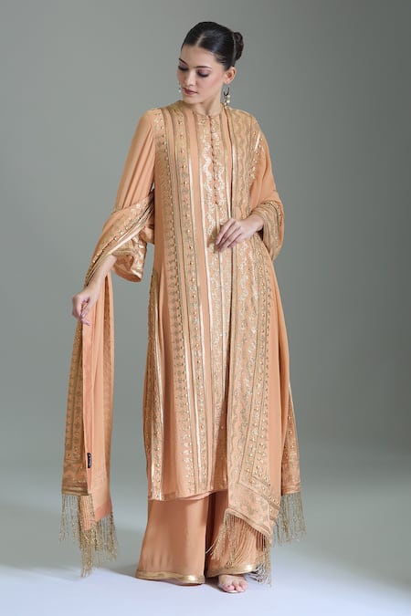 Nakul Sen_Peach Chiffon Sequins, Tassels, Embroidery Round Neck Geometric Kurta Set _Online_at_Aza_Fashions