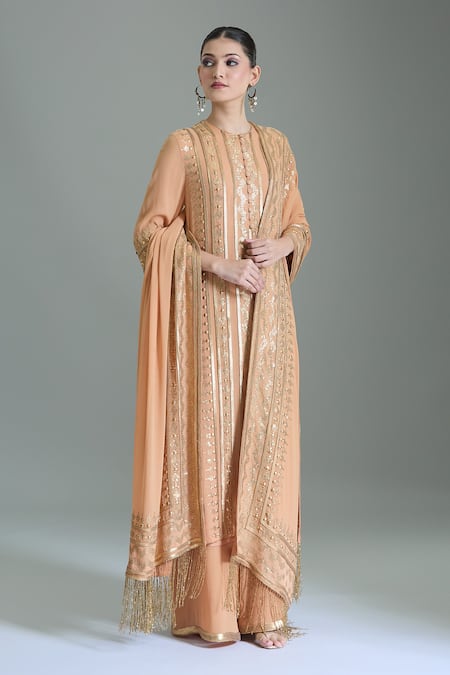 Buy_Nakul Sen_Peach Chiffon Sequins, Tassels, Embroidery Round Neck Geometric Kurta Set _Online_at_Aza_Fashions