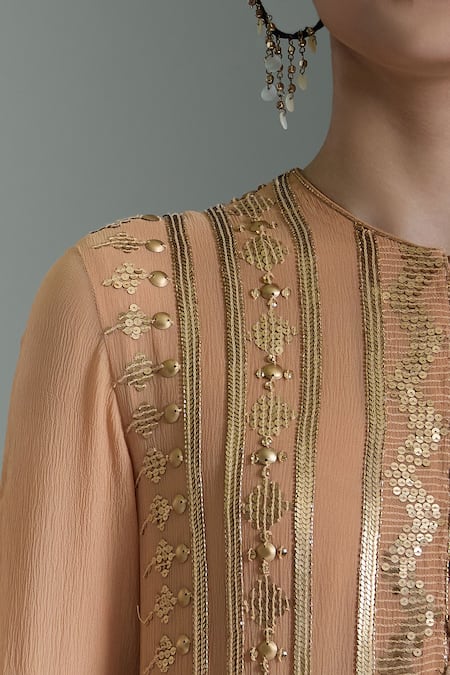 Shop_Nakul Sen_Peach Chiffon Sequins, Tassels, Embroidery Round Neck Geometric Kurta Set _Online_at_Aza_Fashions