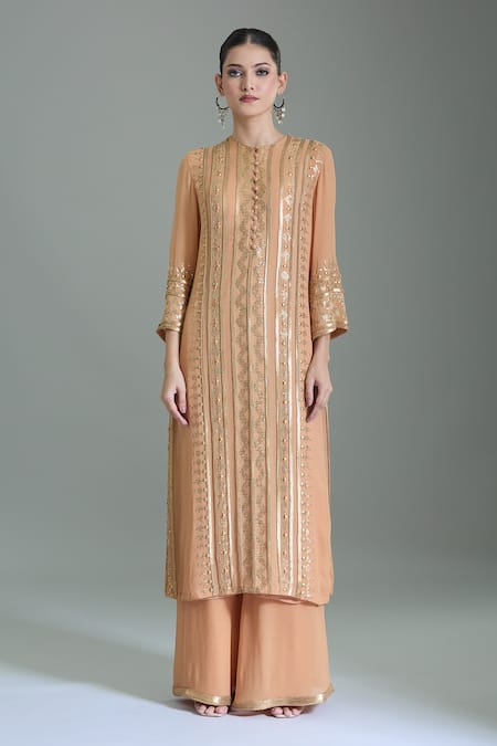 Buy_Nakul Sen_Peach Chiffon Sequins, Tassels, Embroidery Round Neck Geometric Kurta Set 