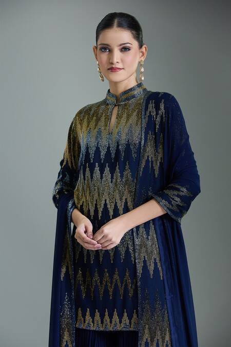Nakul Sen_Blue Chiffon Tassels, Cut Work Bandeau Zig Zag Embroidered Kurta Gharara Set _Online_at_Aza_Fashions