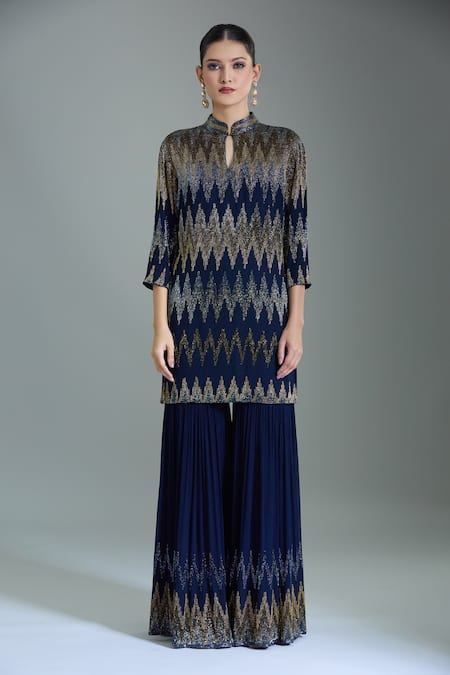 Buy_Nakul Sen_Blue Chiffon Tassels, Cut Work Bandeau Zig Zag Embroidered Kurta Gharara Set _Online_at_Aza_Fashions