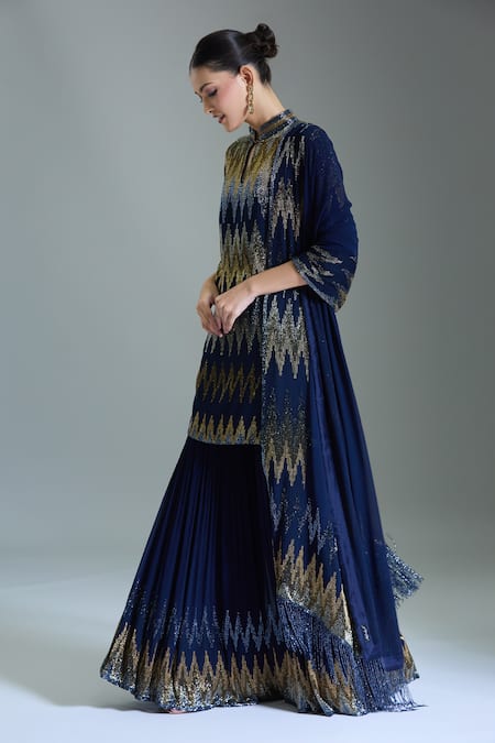 Shop_Nakul Sen_Blue Chiffon Tassels, Cut Work Bandeau Zig Zag Embroidered Kurta Gharara Set _Online_at_Aza_Fashions
