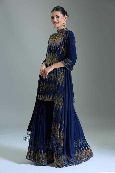 Nakul Sen_Blue Chiffon Tassels, Cut Work Bandeau Zig Zag Embroidered Kurta Gharara Set _at_Aza_Fashions